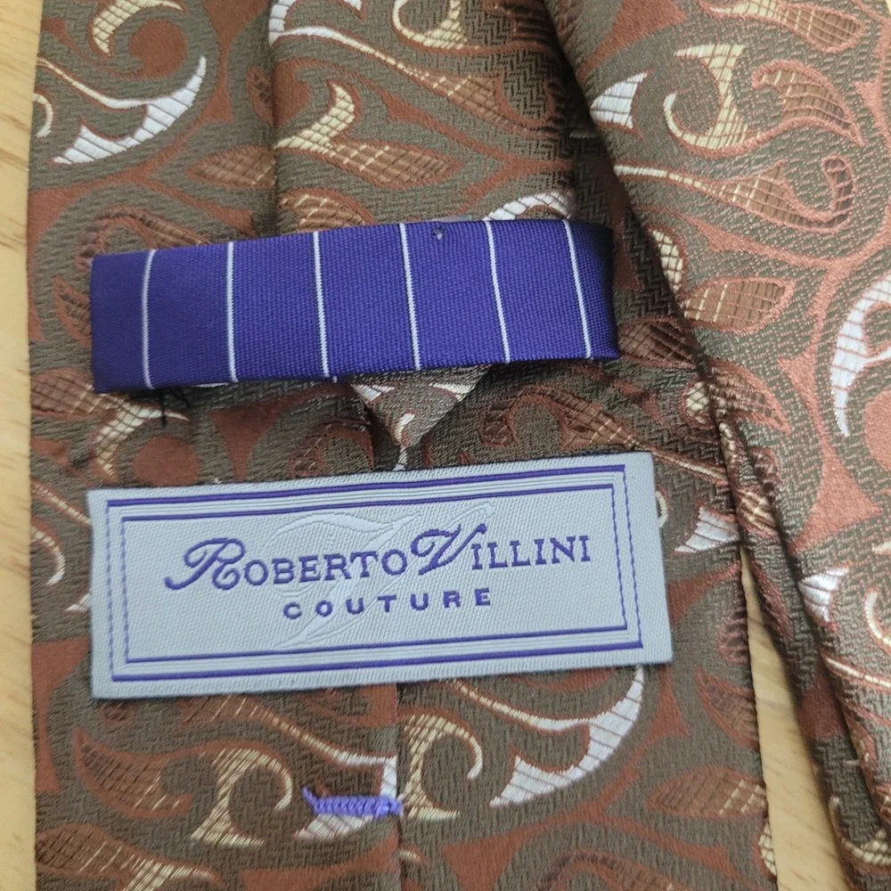 Roberto Villini Couture Mens Tie‎ Brown Silver Abstract Paisley Woven Silk Blend